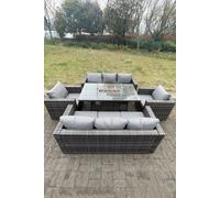 Fimous 8 Seater Outdoor PE Rattan Garden Furniture Gas Fire Pit Dining Table Set Lounge Sofa 2 PC Armchairs in Dark Grey Fimous Dark Grey