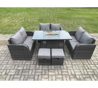 Fimous 8 Seater Outdoor Rattan Furniture Garden Dining Set Gas Fire Pit Table with 2 Small Footstools Love Sofa Dark Grey Mixed Fimous Dark Grey