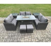 Fimous 8 Seater Outdoor Rattan Furniture Garden Dining Set Gas Fire Pit Table with Side Table Love Sofa 2 Small Footstools in Dark Grey Fimous Dark Grey