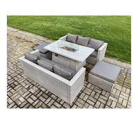 Fimous 8 Seater Garden Dining Sets Outdoor Rattan Furniture Gas Fire Pit Dining Table Gas Heater with 2 Big Footstools in Light Grey Fimous Light Grey