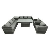 Fimous 8 Seater?Outdoor Rattan Garden Furniture Adjustable Rising Lifting Table Chairs Dark Grey Mixed