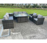 Fimous 8 Seater Outdoor Rattan Garden Furniture Gas Fire Pit Table Sets Gas Heater Lounge Chairs Side Coffee Tea Table Dark Grey