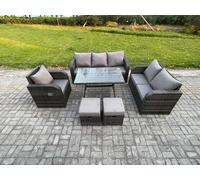 Fimous 8 Seater Outdoor Rattan Garden Furniture Set Patio Lounge Sofa Set with Dining Table 2 Small Footstools Dark Grey Mixed Fimous Dark Grey