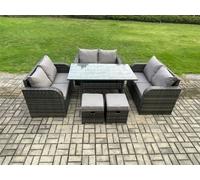 Fimous 8 Seater Outdoor Rattan Garden Furniture Set with Patio Rectangular Dining Table Love Sofa 2 Small Footstools Dark Grey Mixed