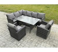 Fimous 8 Seater Outdoor Rattan Garden Furniture Set with Rectangular Dining Table 2 Armchairs Patio Wicker Corner Sofa Set Dark Grey Mixed