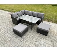 Fimous 8 Seater Outdoor Rattan Garden Furniture Set with Rectangular Dining Table 2 Big Footstool Patio Wicker Corner Sofa Set Dark Grey Mixed
