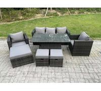 Fimous 8 Seater Outdoor Rattan Garden Furniture Sofa Set Patio Adjustable Rising Lifting Dining Table Set with Armchairs 3 Footstools Dark Grey Mixed