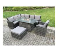 Fimous 8 Seater?Outdoor Rattan Gas Fire Pit Sofa Dining Set Garden Furniture Heater Dining Table Chair Dark Grey Mixed Left Side
