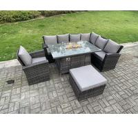 8 Seater Outdoor Rattan Gas Fire Pit Sofa Dining Set Garden Furniture Heater Dining Table Chair Right Side Fimous Dark Grey One Size