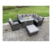 8 Seater Outdoor Rattan Gas Fire Pit Sofa Dining Set Garden Furniture Heater Dining Table Chair Right Side Fimous Dark Grey One Size