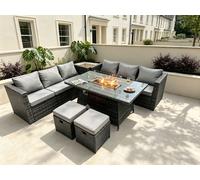 Fimous 8 Seater Outdoor Rattan Sofa Set Garden Furniture Gas Firepit Set Heater Dining Table Footstools Dark Grey Fimous Dark Grey
