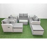 Fimous 8 Seater Outdoor Reclining Chair Love Sofa Set Rattan Garden Furniture Set w/ Rectangular Coffee Table 2 Big FootStools 2 Side Table Light Grey Fimous Light Grey