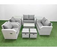 Fimous 8 Seater Outdoor Reclining Chair Love Sofa Set Rattan Garden Furniture Set with Rectangular Coffee Table 2 Stools 2 Side Table