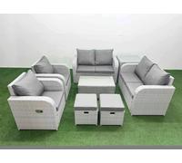 Fimous 8 Seater Outdoor Reclining Chair Love Sofa Set Rattan Garden Furniture Set with Rectangular Coffee Table 2 Stools Side Table Light Grey