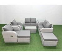 Fimous 8 Seater Outdoor Reclining Chair Love Sofa Set Rattan Garden Furniture Set with Rectangular Coffee Table 2 Big FootStools Side Table Light Grey Fimous Light Grey