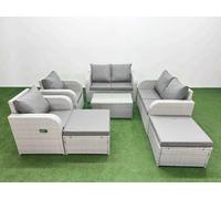 Fimous 8 Seater Outdoor Reclining Chair Love Sofa Set Rattan Garden Furniture Set with Rectangular Coffee Table 2 Big FootStools Light Grey Fimous Light Grey