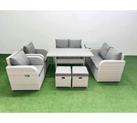 Fimous 8 Seater Outdoor Reclining Chair Love Sofa Set Rattan Garden Furniture Set with2 Stools Side Table Light Grey
