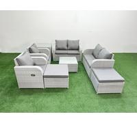 Fimous 8 Seater Outdoor Reclining Chair Love Sofa Set Rattan Garden Furniture Set with Square Coffee Table 2 Big FootStools Side Table Light Grey Fimous Light Grey