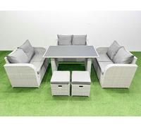 Fimous 8 Seater Patio Garden Furniture Sets with Black Glass Top Dining Table Love Sofa 2 Small Stool Light Grey