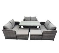 Fimous 8-Seater Patio Height Adjustable Rising Lifting Table Sofa Sets Rattan Garden Furniture Dining Set With 2 Big Stools