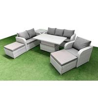 Fimous 8 Seater Patio Rattan Set, Adj Height Table, Reclining Chair, Loveseat, 3 Seater Sofa, 2 Big Footstools and Side Table, Light Grey