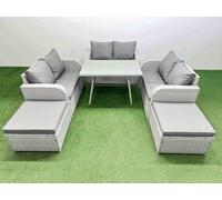Fimous Rattan Garden Furniture Dining Set 8-seater Patio Rectangular Table Love Sofa Set with 2 Big Stools