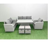 Fimous 8 Seater Patio Sofa Set, PE Wicker Rattan, Adj Height Table, Reclining Chair, Loveseat, 3 Seater Sofa, Stool and Side Table, Light Grey