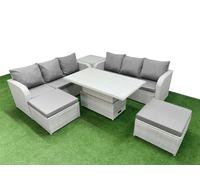 Fimous 8 Seater Patio Sofa Set, Wicker Rattan, Adj Height Table, High Back Lounge Sofa, 2 Big Footstools and Side Table, Light Grey