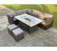 Fimous 8 Seater PE Rattan Corner Sofa Set Gas Fire Pit Dining Table Set Heater With 2 Small Stools