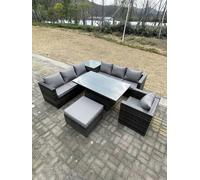 Fimous 8 Seater PE Rattan Corner Sofa Set Rising Adjustable Dining Table Set High Side Coffee Table With Arm Chair Big Footstool