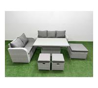Fimous 8 Seater PE Wicker Rattan Conservatory Sofa Set - Adjustable Lifting Dining/Coffee Table, 3-Seater Sofa & 3 Stools