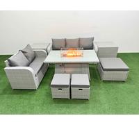 Fimous 8 Seater PE Rattan Wicker Garden Furniture Patio Conservatory Sofa Set with Firepit Dining Table 3 Seater Sofa Love Sofa 3 Stool 2 Side Table Fimous Light Grey