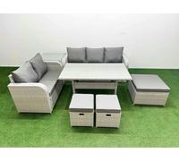 Fimous 8 Seater PE Rattan Wicker Garden Furniture Patio Conservatory Sofa Set with Rectangular Dining Table 3 Seater Sofa Love Sofa 3 Stool Side Table