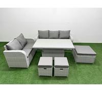 Fimous 8 Seater PE Wicker Rattan Conservatory Sofa Set - Adjustable Lifting Dining/Coffee Table, 3-Seater Sofa & 3 Stools