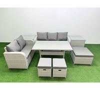 Fimous 8 Seater PE Wicker Rattan Conservatory Sofa Set - Rectangular Dining Table, 3-Seater Sofa, Loveseat & 3 Stools