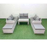 Fimous 8 Seater PE Wicker Rattan Furniture Sofa Sets with Oblong Coffee Table 2 Seater Love Sofa 2 Big Footstool Side Table Light Grey