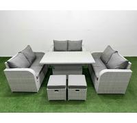 Fimous 8 Seater PE Wicker Rattan Furniture Sofa Sets with Adjustable Lifting Dining or Coffee Table 2 Seater Love Sofa 2 Stool Light Grey