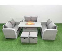 8 Seater PE Wicker Rattan Furniture Sofa Sets with Firepit Dining Table 2 Seater Love Sofa 2 Stool Side Table Light Grey Fimous Light Grey One Size