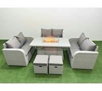 Fimous 8 Seater PE Wicker Rattan Furniture Sofa Sets with Firepit Dining Table 2 Seater Love Sofa 2 Stool Light Grey