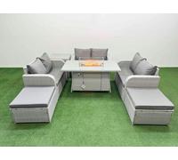 Fimous 8 Seater PE Wicker Rattan Furniture Sofa Sets with Fire Pit Dining Table 2 Seater Love Sofa 2 Big Footstool Side Table Light Grey