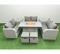 Fimous 8 Seater PE Wicker Rattan Furniture Sofa Sets with Fire Pit Dining Table 2 Seater Love Sofa 2 Stool 2 Side Table Light Grey