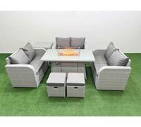 Fimous 8 Seater PE Wicker Rattan Furniture Sofa Sets with Firepit Dining Table 2 Seater Love Sofa 2 Stool Side Table Light Grey Fimous Light Grey