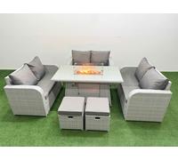 Fimous 8 Seater PE Wicker Rattan Furniture Sofa Sets with Fire Pit Dining Table 2 Seater Love Sofa 2 Stool Light Grey