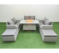 Fimous 8 Seater PE Wicker Rattan Furniture Sofa Sets with Fire Pit Dining Table 2 Seater Love Sofa 2 Big Footstool 2 Side Table Light Grey