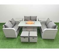 8 Seater PE Wicker Rattan Furniture Sofa Sets with Firepit Dining Table 2 Seater Love Sofa 2 Stool 2 Side Table Light Grey Fimous Light Grey One Size