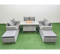 8 Seater PE Wicker Rattan Furniture Sofa Sets with Firepit Dining Table 2 Seater Love Sofa 2 Big Footstool Light Grey Fimous Light Grey One Size