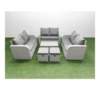 Fimous 8 Seater PE Wicker Rattan Furniture Sofa Sets with Rectangular Coffee Table 2 Seater Love Sofa 2 Stool Light Grey