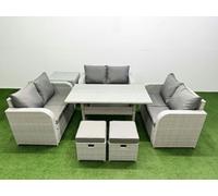 Fimous 8 Seater PE Wicker Rattan Furniture Sofa Sets with Rectangular Dining Table 2 Seater Love Sofa 2 Stool Side Table Light Grey