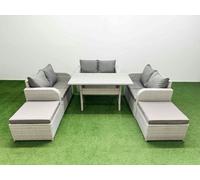 Fimous 8 Seater PE Wicker Rattan Furniture Sofa Sets with Rectangular Dining Table 2 Seater Love Sofa 2 Big Footstool Light Grey