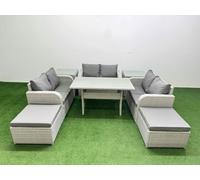 Fimous 8 Seater PE Wicker Rattan Furniture Sofa Sets with Rectangular Dining Table 2 Seater Love Sofa 2 Big Footstool 2 Side Table Light Grey
